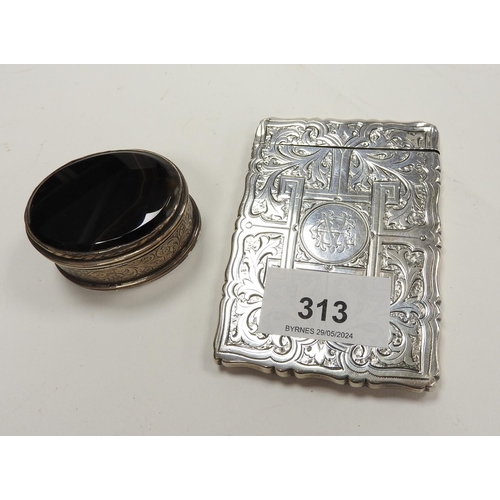 313 - Victorian silver calling card case, maker H.J, Birmingham 1888, 9cm x 6.5cm; also continental white ... 