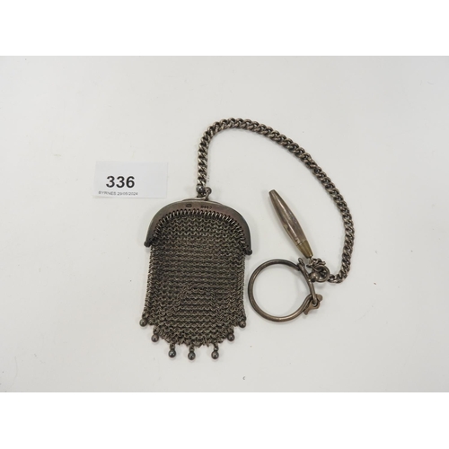 336 - Sterling silver chainmail purse, London import marks, 1904, suspended from a silver curb link watch ... 