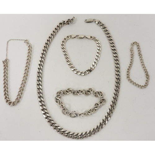 346 - Gent's heavy silver curb link necklace, broken clasp, length 49cm, curb link silver bracelet and thr... 