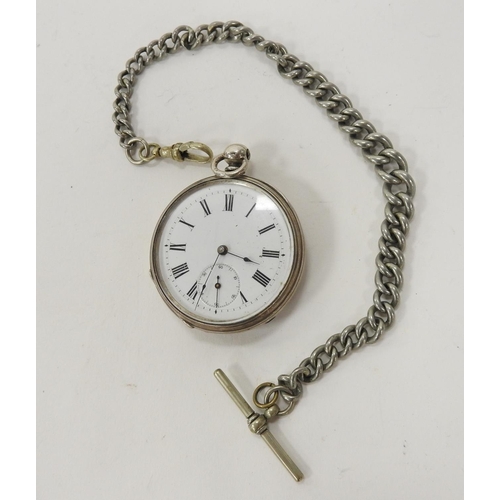 348 - Swiss 935 std silver open faced key wind pocket watch on a silver graduated curb link watch chain wi... 