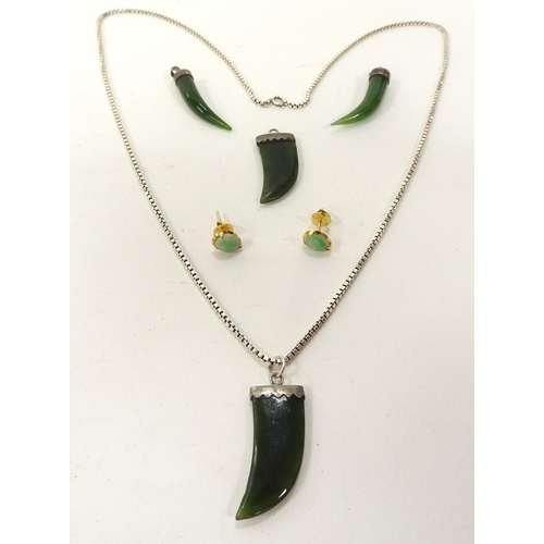 351 - Silver mounted nephrite jewellery including a pendant necklace, three further pendants and a pair of... 