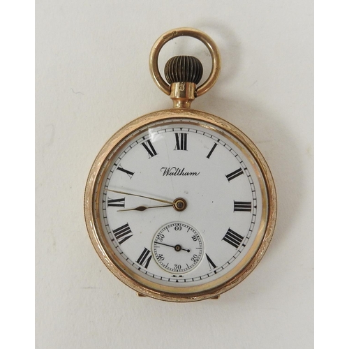 355 - Edwardian 9ct gold cased lady's Waltham crown wind pocket watch engraved case with inner gold dust c... 