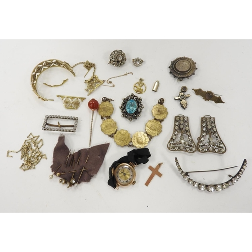 369 - Assortment of decorative jewellery including a lady's vintage 9ct gold cased wristwatch on a black f... 