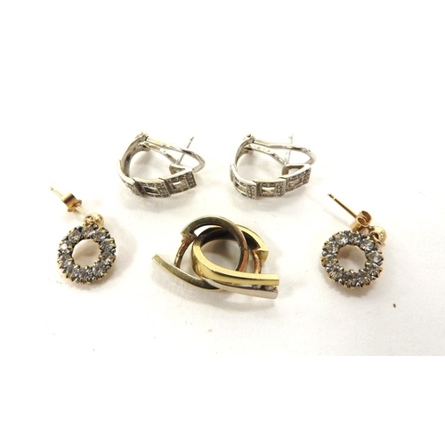 372 - Pair of 9ct two colour gold hoop earrings set with tiny diamonds, weight approx. 2.8g, pair of 18ct ... 