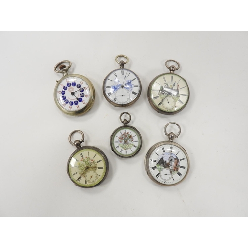 398 - RossKopf & Co. patent crown wind pocket watch in a nickel case; also five further silver cased pocke... 