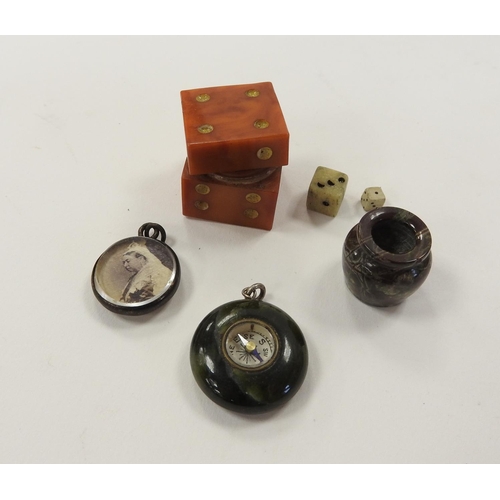 409 - Cornish souvenir hardstone compass pendant; also a miniature hardstone vase, Queen Victoria commemor... 