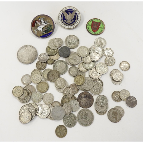 414 - Quantity of mixed British pre-1947 and later silver coins including Victorian enamelled Crown brooch... 