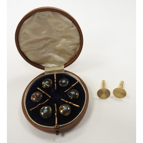 418 - Pair of 9ct gold engine turned cufflinks, weight approx. 6.6g; also a cased set of tiger's eye and t... 