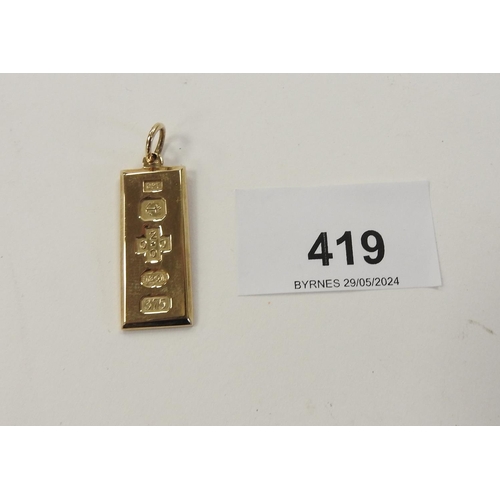 419 - 9ct gold Millennium ingot pendant, weight approx. 10.5g