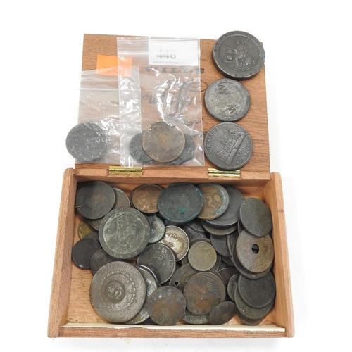 446 - Assorted bronze coins and tokens including cartwheel penny, Birmingham workhouse token 1813 etc.