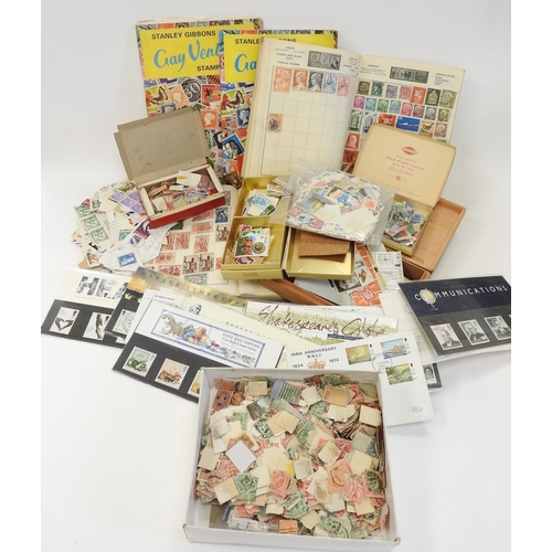 449 - Childhood stamp collection including four albums, quantity of loose stamps, Royal Mail mint stamp pa... 