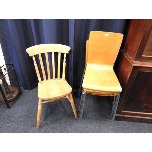 544 - Set of four bent plywood stacking chairs and a beech lath back kitchen chair (5)