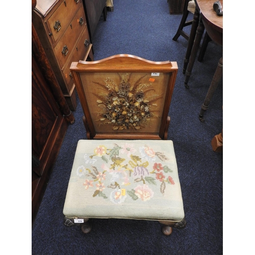 570 - Walnut and needlework upholstered dressing stool; also a mahogany firescreen with wild meadow displa... 