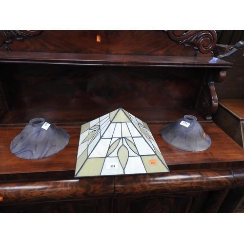 574 - Leaded glass square light pendant and two coloured glass lightshades (3)