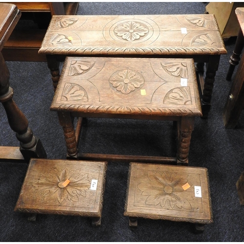 593 - Pair of Victorian carved oak footstools, two further carved oak stools (4)