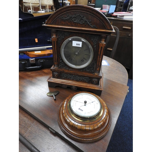 600 - Winterhalder & Hofmeier oak cased chiming mantel clock, height 38cm; also a Victorian oak aneroid ba... 