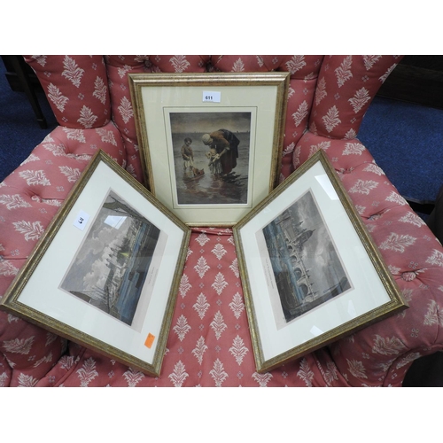 611 - Two aquatint views of London; also a further framed print (3)