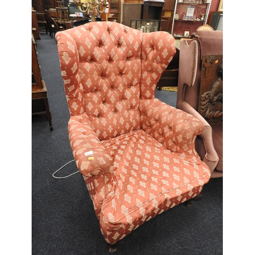 612 - Salmon pink fabric upholstered wing armchair, 19th Century