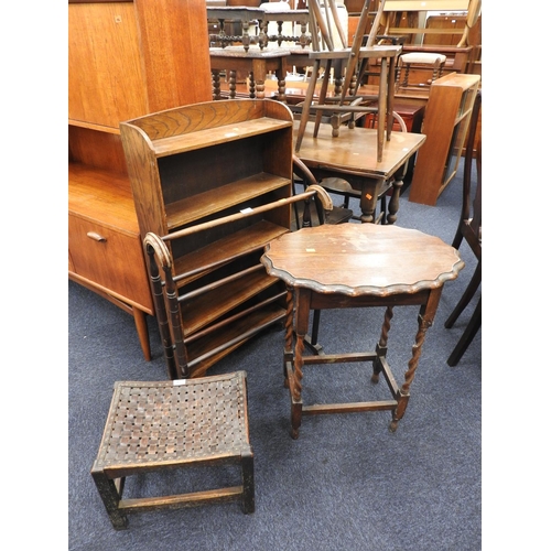 621 - George V oak barley twist occasional table, Victorian towel rail, oak open bookcase and a leather se... 