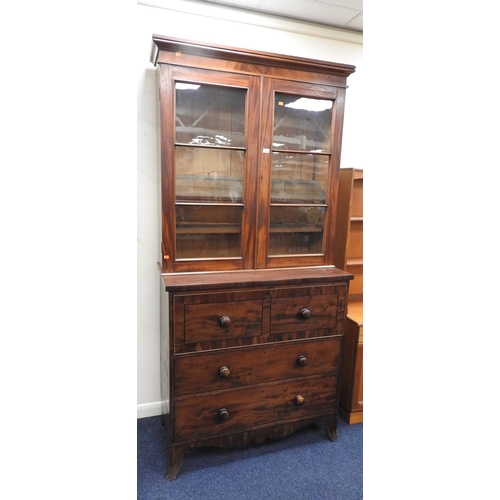 623 - Late Regency mahogany and ebony inlaid secretaire chest with a Victorian mahogany bookcase top, widt... 