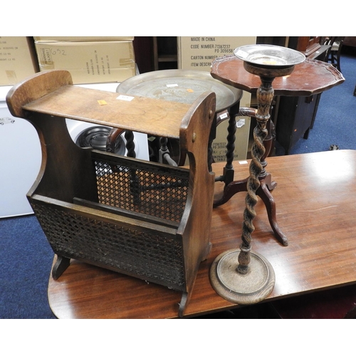 634 - Brass topped folding occasional table, pedestal wine table, smoker's stand, oak magazine rack