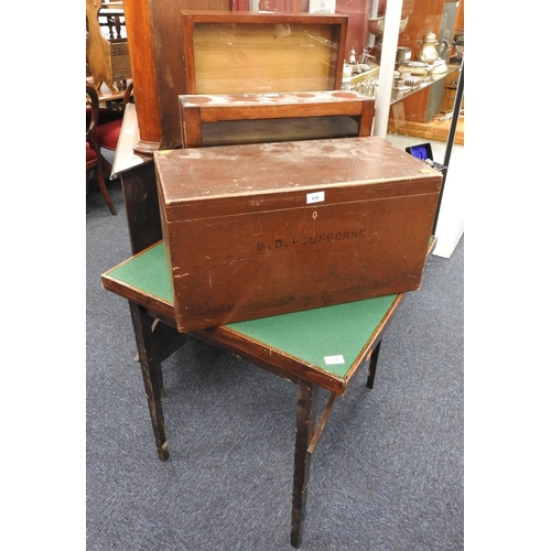 658 - Two wooden table top display cases, Victorian painted wooden box and a folding bridge table (4)