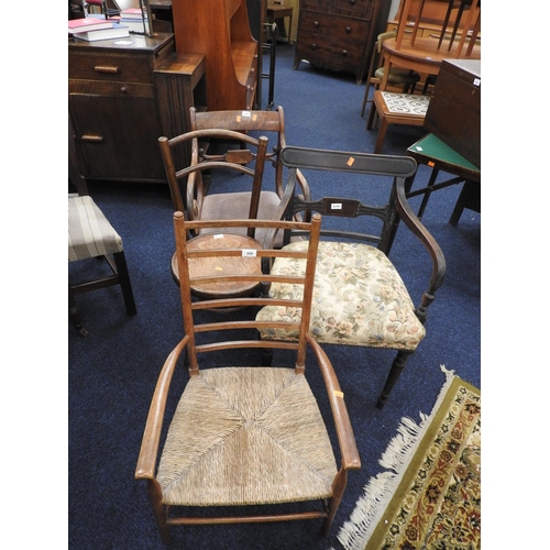 659 - Arts & Crafts period stained beech rush seated open armchair, a Fischel bent wood side chair, a Rege... 