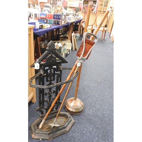 667 - Victorian cast iron stick stand in the style of Dr. Christopher Dresser; also an antler thumb stick,... 