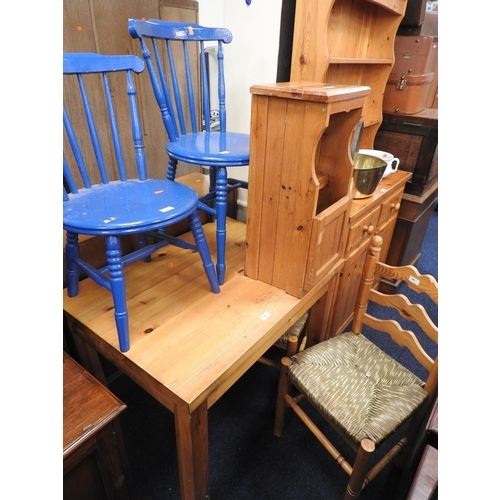 541 - Small pine table, two pine ladder back chairs, pine wall cabinet, two blue painted stick back chairs... 