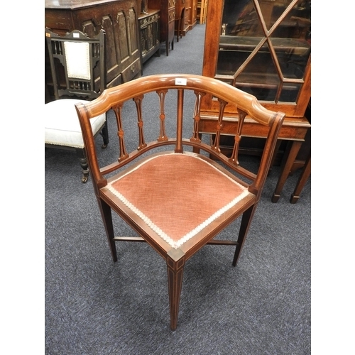 566 - Late Victorian mahogany and inlaid corner chair, height 73cm, width 58cm