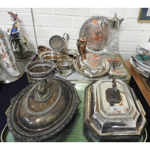 22 - Victorian and later silver plated wares including entree dishes, coasters etc (2 trays)