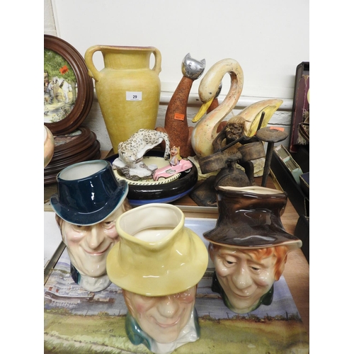 29 - Three Kingston Pottery Dickens character jugs, other decorative ceramics and treen (2 trays)