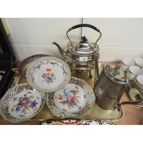 35 - Victorian silver plated coffee pot, a silver plated tea kettle on stand, Bavarian porcelain dishes a... 