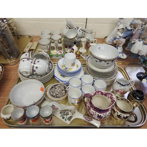 37 - Assorted china tea wares, coffee cups, lustrous jugs etc. (2 trays)