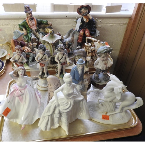 42 - Number of Capodimonte figural ornaments, also Royal Doulton and Coalport figures, reproduction scrim... 