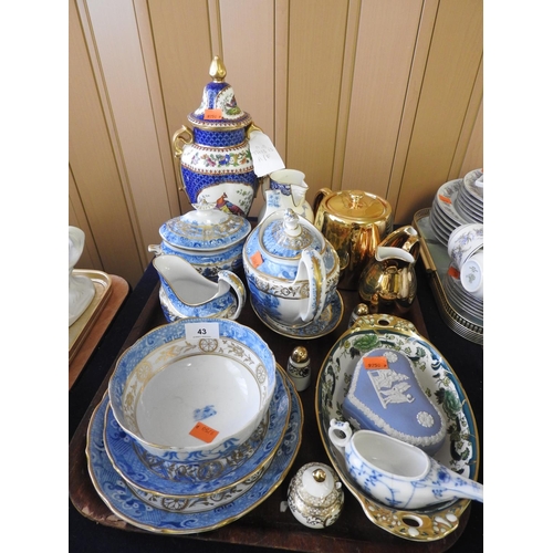 43 - Miles Mason blue and white transfer printed tea wares, also gold plated Royal Worcester teapot, Coal... 