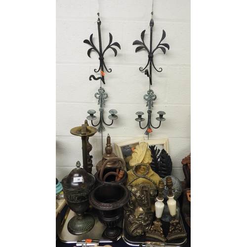 60 - Assorted decorative items including middle eastern copper hookah pipe, three metal urns, painted pla... 