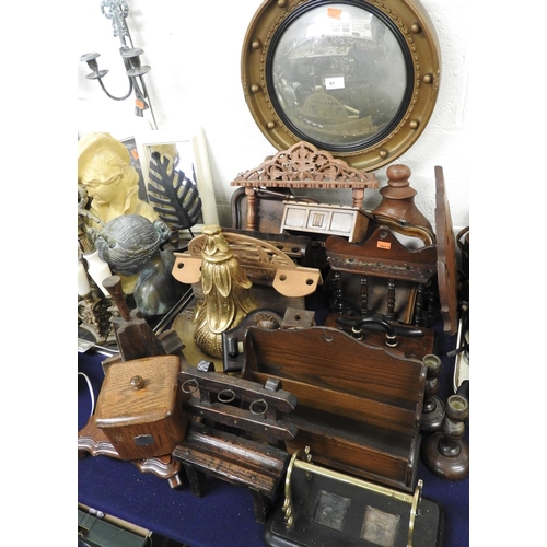 61 - Victorian and later treen items including pipe and stationery racks, small convex wall mirror, wall ... 