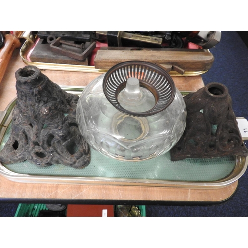 71 - Victorian glass oil lamp tank (good condition) and two Victorian cast iron oil lamp bases (3)