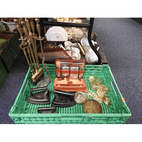 73 - Cased gent's vanity set, flat irons, companion stand, horse brasses etc