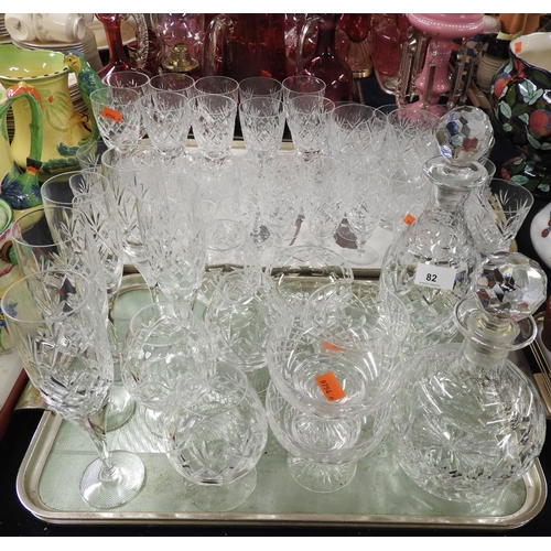 82 - Quantity of modern cut glassware including mallet decanters, champagne flutes, scotch and brandy gla... 