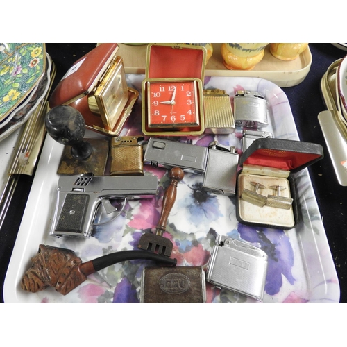 85 - Various vintage cigarette lighters, travelling clocks etc (1 tray)