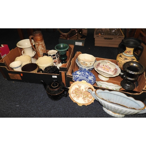 86 - Victorian and later decorative ceramics including Jackfield type teapots, Japanese blue and white bo... 