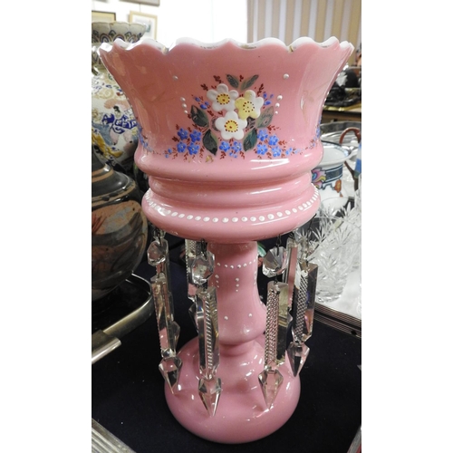 94 - Victorian floral enamelled pink glass lustre, height 31cm