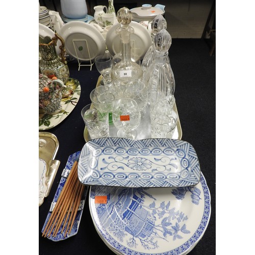 88 - Unusual pair of heavy cut glass decanters, also a Dartington decanter, blue and white plates, other ... 