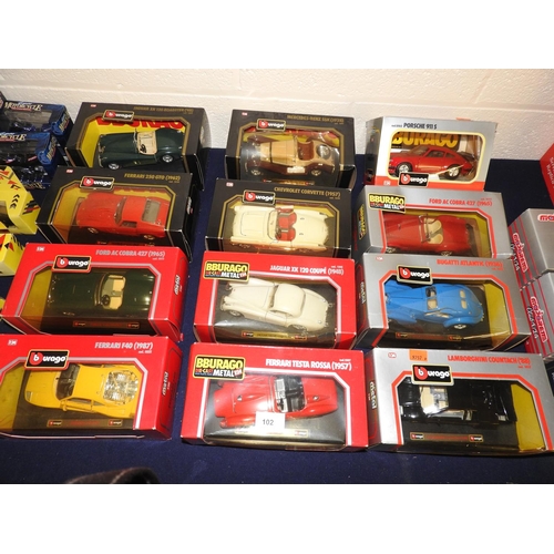 102 - Twelve Burago model diecast vehicles including Lamborghini Countach, Ferrari 250 etc, all boxed (1 m... 