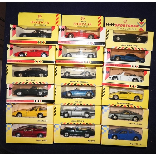 104 - Maisto diecast Super Cars, also the Shell Sports Car Collection of model diecast vehicles, all boxed... 