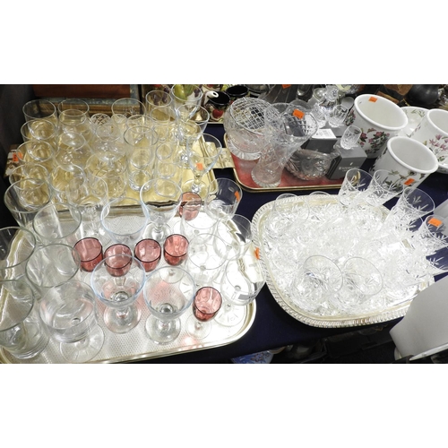 105 - Assorted cut crystal and other glassware including cranberry tinted pedestal wines, Waterford crysta... 