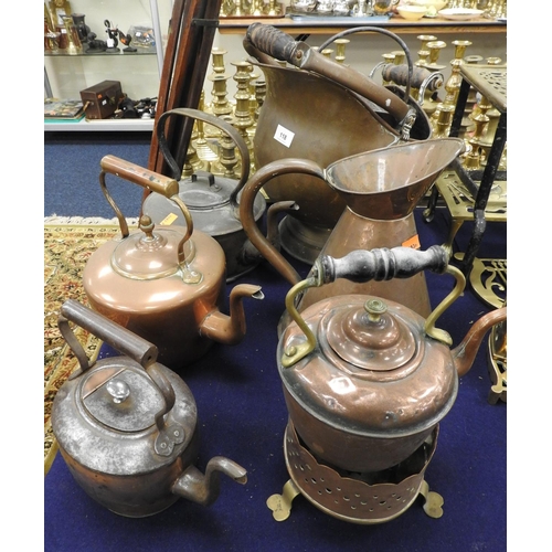 118 - Three Victorian copper kettles, a range kettle, coal scuttle, small scuttle, jug and wooden tripod