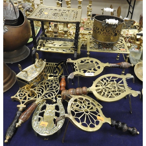 119 - Number of Victorian and later brass trivets including some reproduction, and a decorative cast brass... 